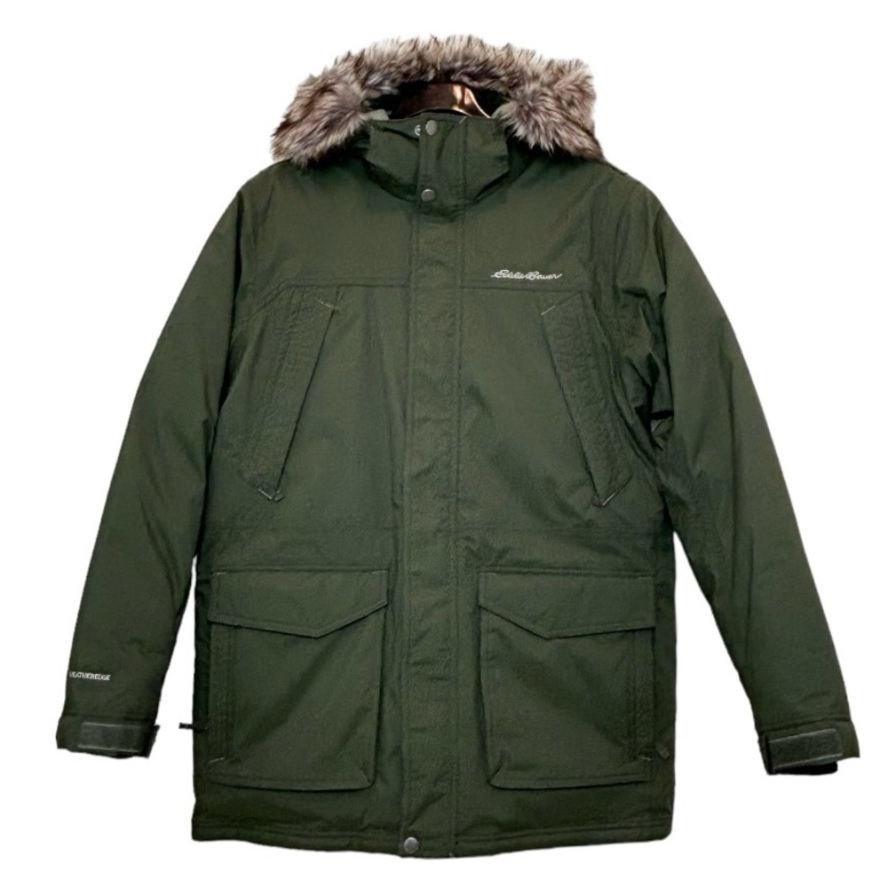Eddie Bauer Men’s Superior Down Parka Jacket  Large Army Green  w Faux Fur Trim - Picture 4 of 17